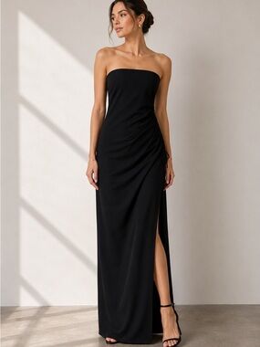 NWT St. John Couture Strapless Evening Dress Black Side Ruched Wool Blend Sz 10